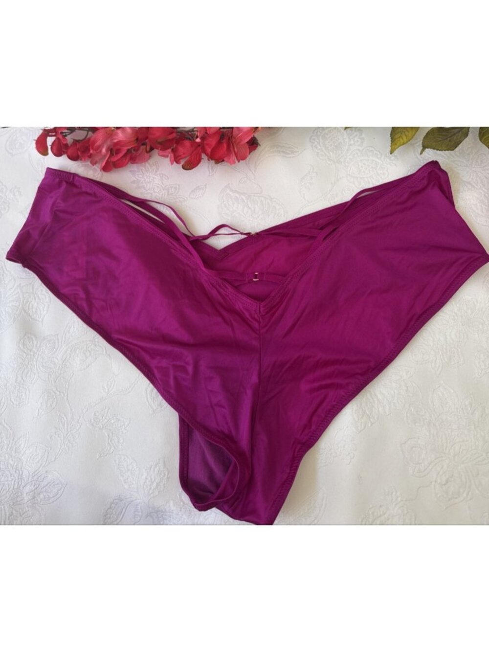 VICTORIA'S SECRET XL PURPLE PINK SILKY HI LEG CHEEKY CUT OUT CHARM PANTIES NWT